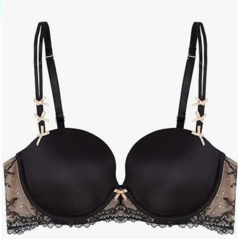 Heidi Klum Intimates Black Lace Underwire Bra with Nude Bows